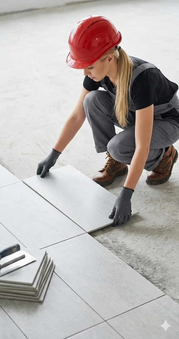 Profissional assentando piso cerâmico em obra